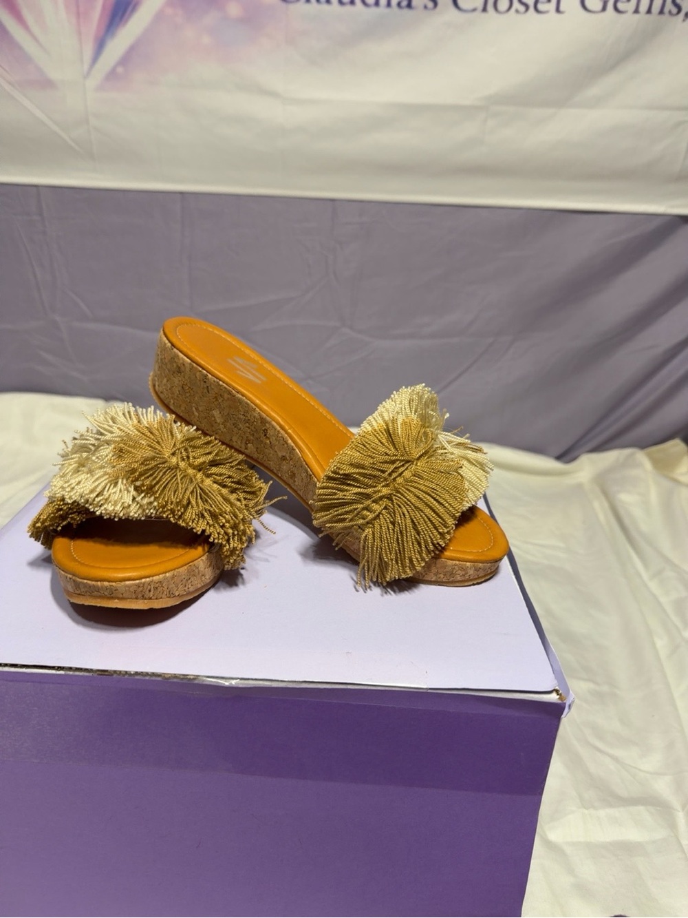 Fringed Slide Wedge Sandals in Tan - Women